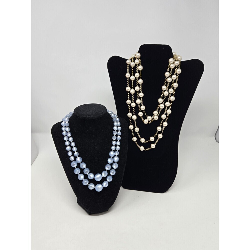 VINTAGE RICHELIEU BUNDLE NECKLACE GLASS FAUX PEARLS GOLD & SKY BLUE BEADS WOMEN